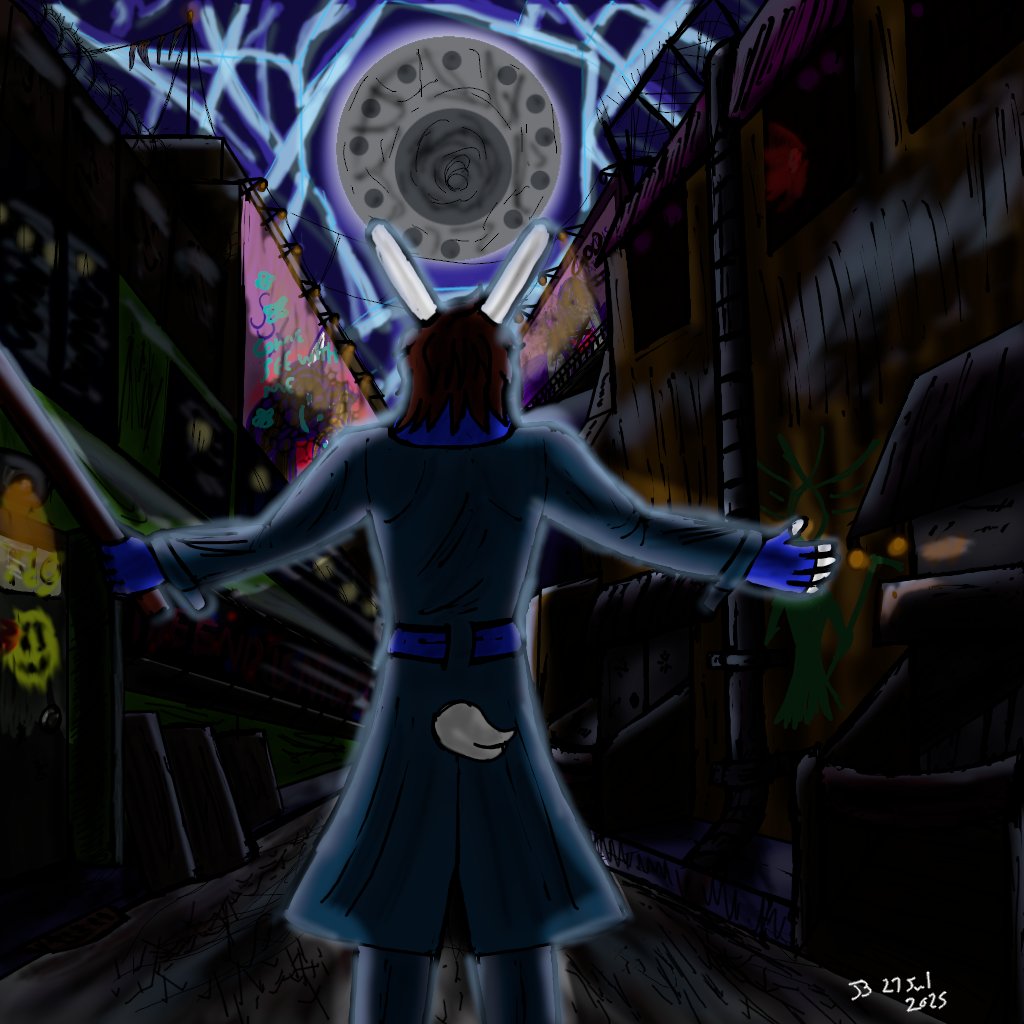 CarolinaTreeEqn's tweet image. Finished this last night at 11:53pm
Jayson Hopper from Hobo Warrior Bunny in an alley looking at the moon, which is considered one of the "Eyes of God" in his world. The cracks in the sky never cover the sun or the moon.
#digitalart #digitalartist #anthroart #furryart