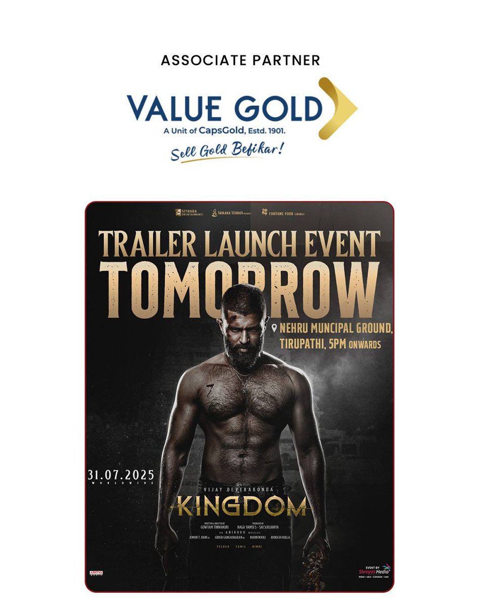 Valuegold_'s tweet photo. Proud Associate Partner of the spectacular Kingdom Movie Trailer Launch, held at Nehru Municipal Grounds, Tirupati.
Grateful to have been part of the magic with Vijay Deverakonda and the entire Kingdom team!
Value Gold – Sell Gold Befikar!
#ValueGold #CapsGold #Kingdom https://t.co/da0KgvNNb3