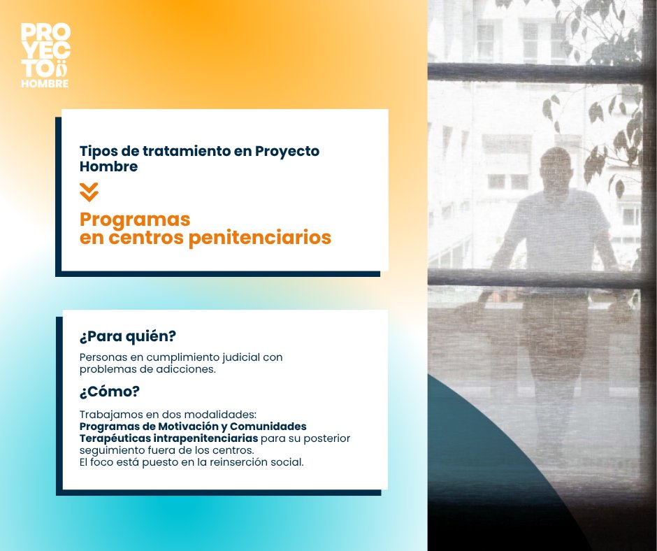 En Proyecto Hombre trabajamos con programas terapéuticos dentro de centros penitenciarios, creyendo en el cambio personal y la reinserción posible.
📍Conoce más 👉 proyectohombre.es/tratamiento/#t…

#Reinserción #ProyectoHombre