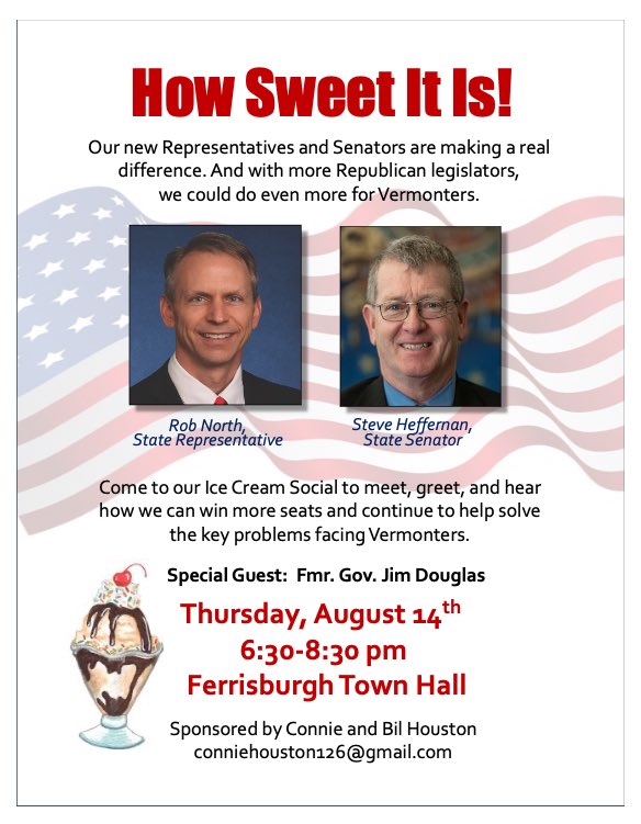 Join Sen. Heffernan, Fmr Gov. Jim Douglas, and I for an ice cream social/meet and greet on Thursday, August 14th, from 6:30 - 8:30 pm in the Ferrisburgh Town Hall! I’m excited to meet with my constituents to discuss my work in the legislature and how you can get involved! #vtpoli