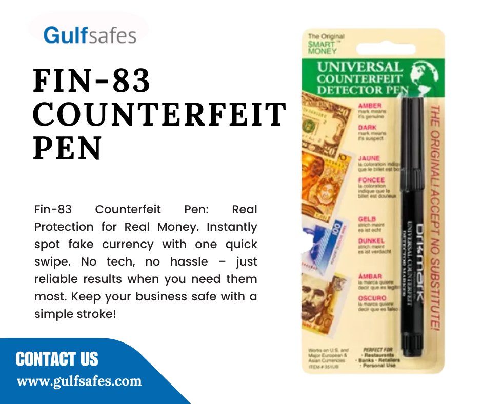 gulfsafes's tweet image. Protect your business from fake currency with the Fin-83 Counterfeit Pen!
tinyurl.com/yptf6c2t
#Fin83Pen #CounterfeitDetection #FakeMoney #MoneySafety #CashProtection #BusinessSecurity #RetailTools #AntiCounterfeit #MoneyVerification #SecurePayments #CashHandling
