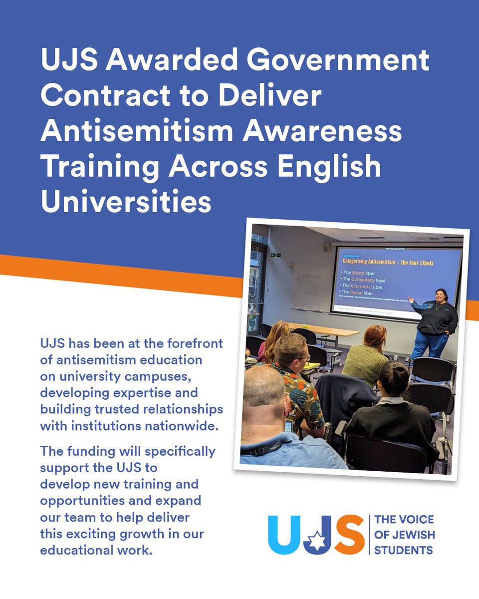 UJS_UK's tweet image. UJS has been awarded a government contract to significantly expand our Antisemitism Awareness Training at universities across the country.

We’re hiring for five exciting roles. Applications are now open! 

UJS.org.uk/vacancies