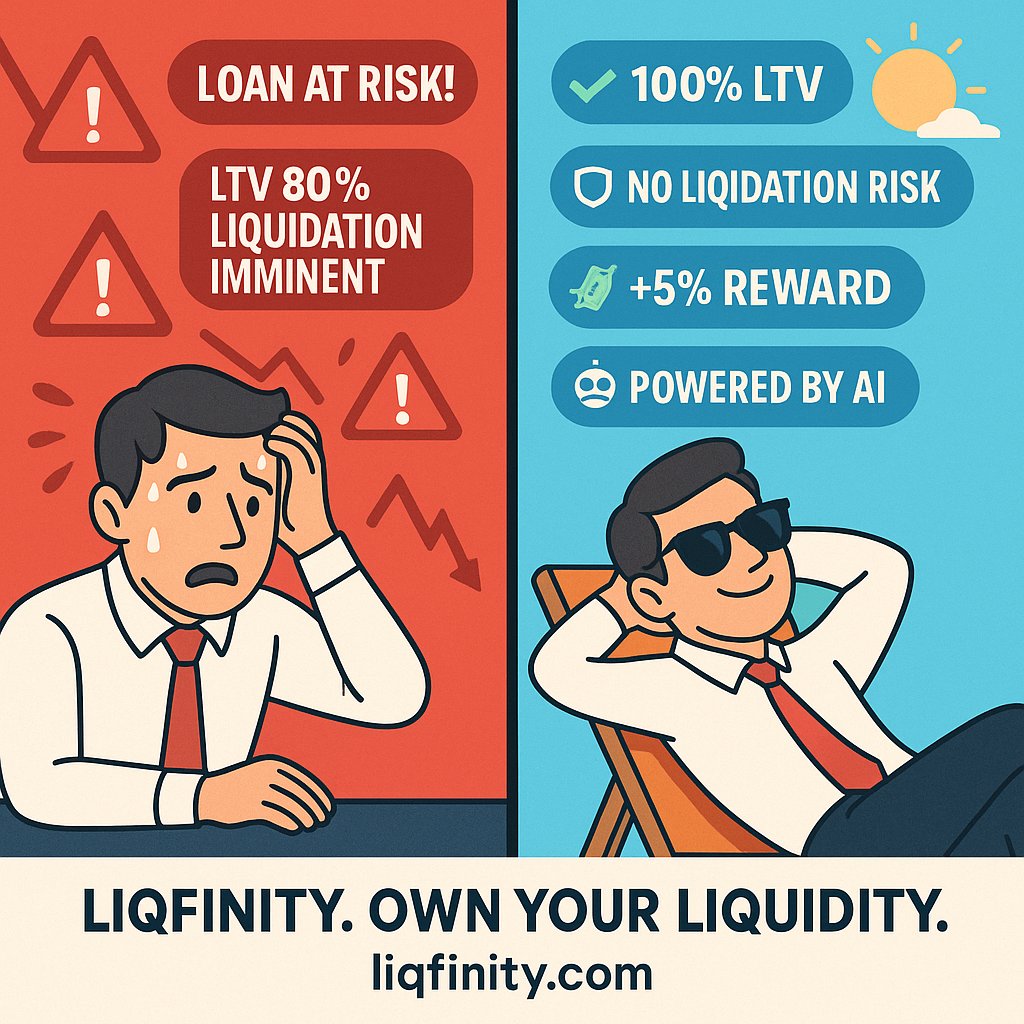 airdropmavin's tweet image. Some of y’all still chasing 80% LTV loans and praying not to get liquidated 😭
Meanwhile, @Liqfinity gives you:
🧠 100% LTV
🛡 No liquidation risk
🔁 Unlimited duration
🤖 AI-powered loan automation
💸 +5% reward just for trying it
Why beg TradFi when you can own your liquidity?