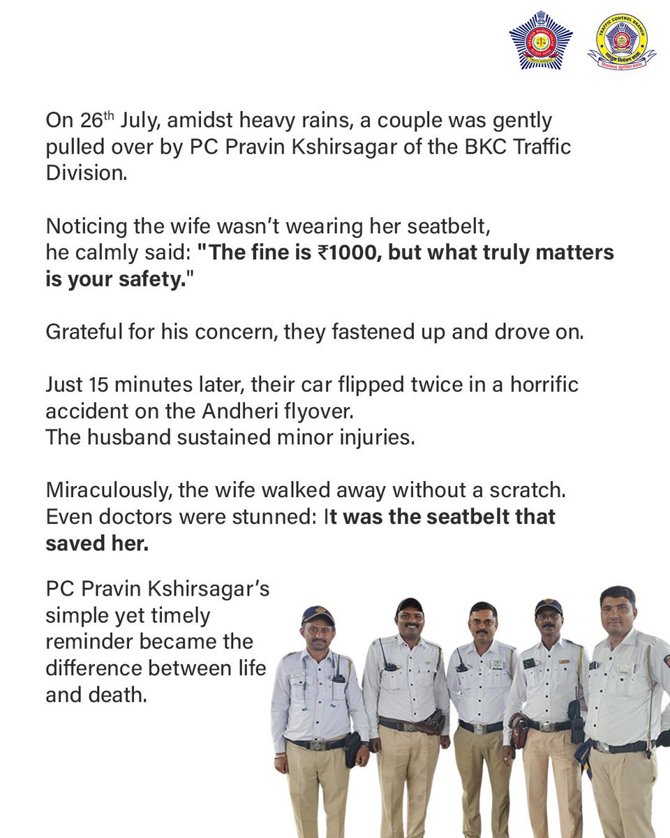 MTPHereToHelp's tweet image. We Don&apos;t Just Fine, We Also Ensure You Remain Fine!

All it took was a seatbelt and PC Pravin Kshirsagar’s small advice to save a life from a horrific accident.

#OneFineDay
#ClickItStayFine