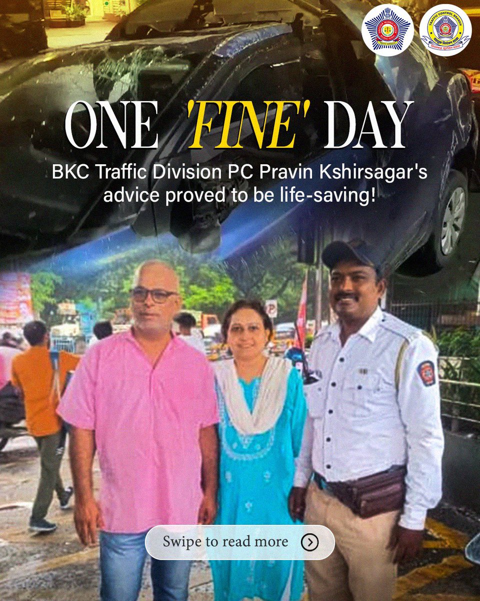 MTPHereToHelp's tweet image. We Don&apos;t Just Fine, We Also Ensure You Remain Fine!

All it took was a seatbelt and PC Pravin Kshirsagar’s small advice to save a life from a horrific accident.

#OneFineDay
#ClickItStayFine