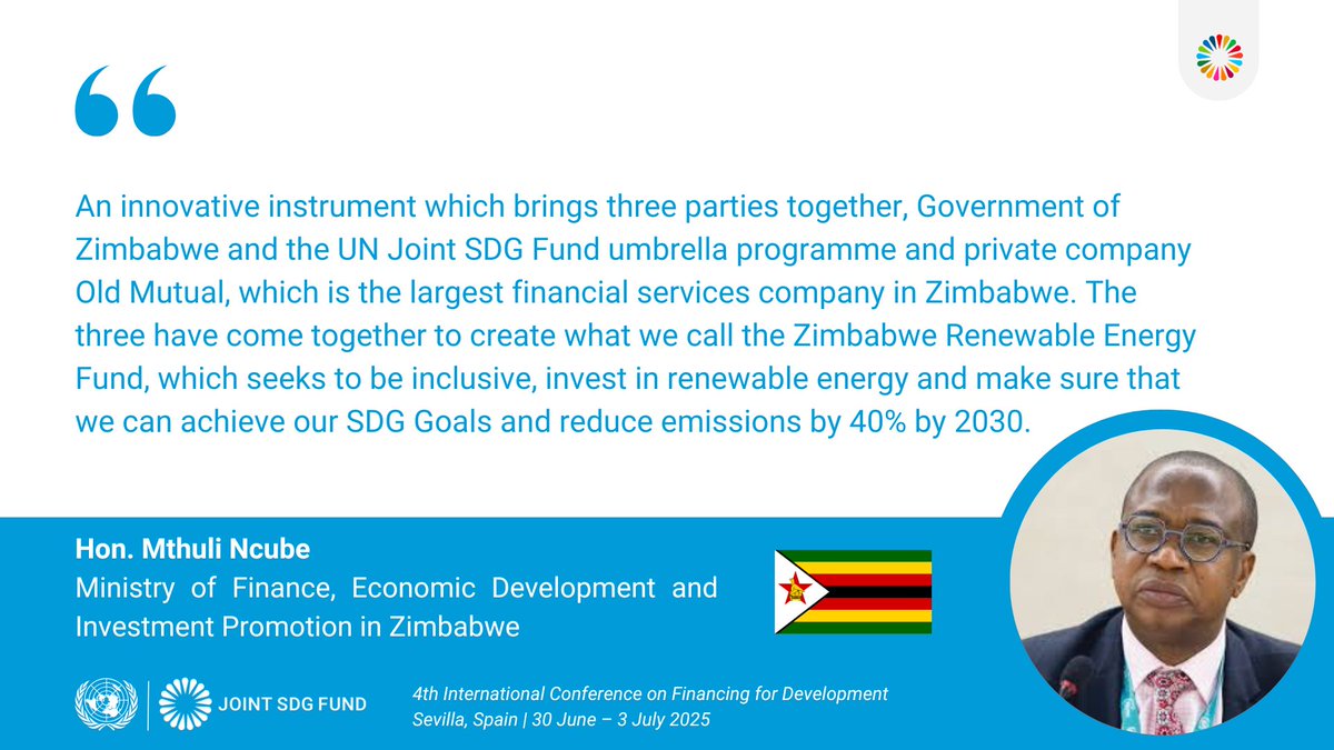 Joint SDG Fund 🇺🇳 (@jointsdgfund) on Twitter photo Powering Progress in Zimbabwe ⚡
🇿🇼 At #FFD4, Minister <a href="/MthuliNcube01/">Hon Prof Mthuli Ncube</a> joined <a href="/JointSDGFund/">Joint SDG Fund 🇺🇳</a> to spotlight ZimREF—a $100M fund bringing clean energy to schools and hospitals across Zimbabwe.
🎥 Watch the interview: youtu.be/SmI4S8aev_A Powering Progress in Zimbabwe ⚡
🇿🇼 At #FFD4, Minister <a href="/MthuliNcube01/">Hon Prof Mthuli Ncube</a> joined <a href="/JointSDGFund/">Joint SDG Fund 🇺🇳</a> to spotlight ZimREF—a $100M fund bringing clean energy to schools and hospitals across Zimbabwe.
🎥 Watch the interview: youtu.be/SmI4S8aev_A