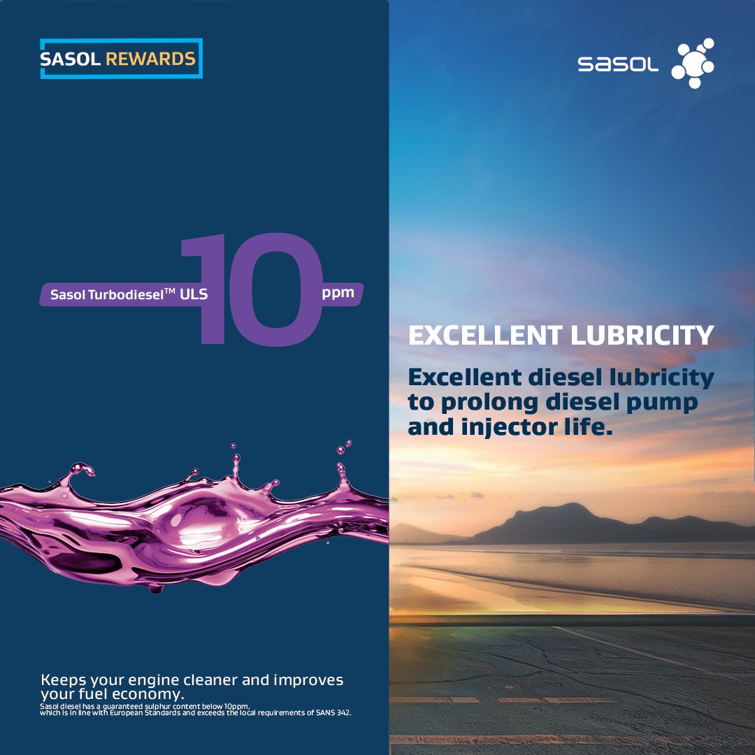 SasolSA's tweet image. Excellent lubricity. Better fuel economy. ✅
Sasol Turbodiesel™ ULS 10ppm helps protect your engine, improve fuel efficiency & keep it cleaner.
📲 Download #SasolRewards App to find your nearest site.
#ThelaBaba