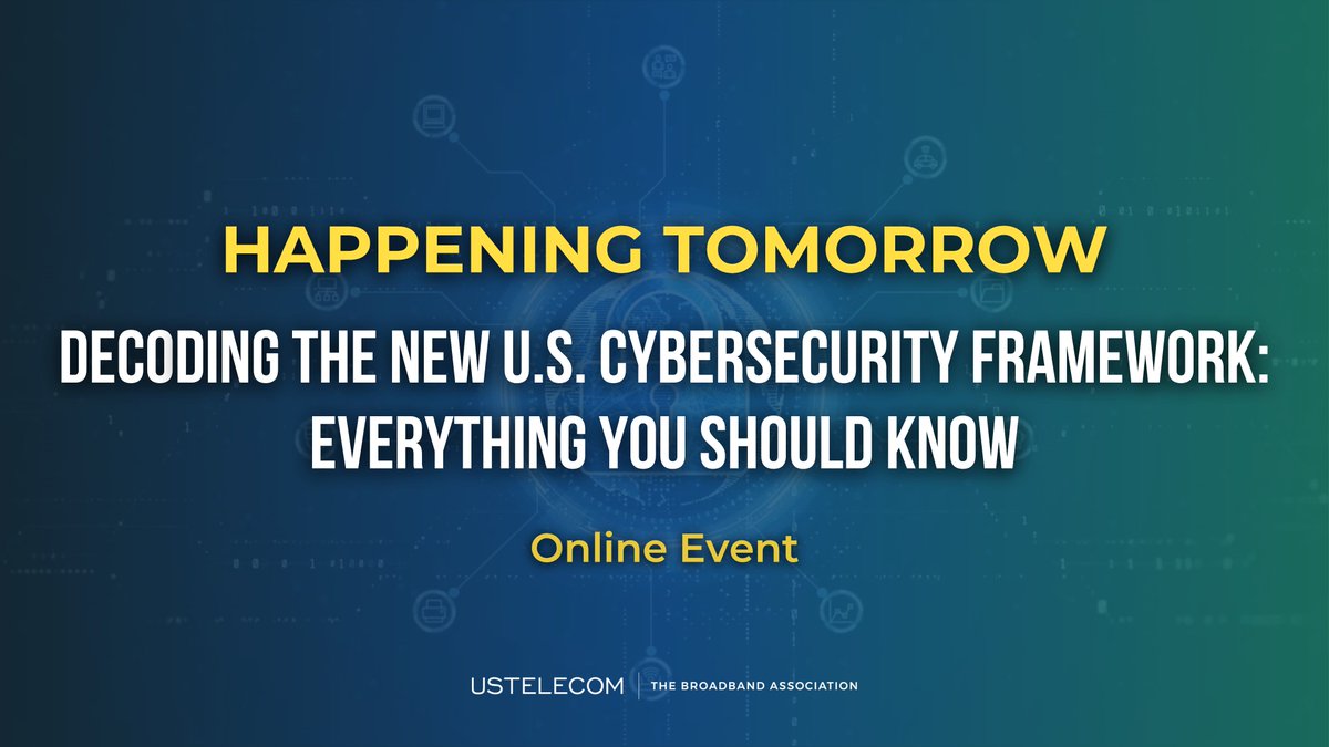 USTelecom | The Broadband Association (@ustelecom) on Twitter photo TOMORROW | 1 PM (ET) | REGISTER ⬇️
ustelecom.zoom.us/webinar/regist…
Join USTelecom, <a href="/InsideCyber/">Inside Cybersecurity</a> and <a href="/InsideAIPolicy/">Inside AI Policy</a> for a roundtable on how government and industry are collaborating to protect critical infrastructure and shape tech policy— with <a href="/lumentechco/">Lumen</a>, <a href="/Nex_Tech/">Nex-Tech</a> and <a href="/WBKLaw/">Wilkinson Barker Knauer LLP</a>. TOMORROW | 1 PM (ET) | REGISTER ⬇️
ustelecom.zoom.us/webinar/regist…
Join USTelecom, <a href="/InsideCyber/">Inside Cybersecurity</a> and <a href="/InsideAIPolicy/">Inside AI Policy</a> for a roundtable on how government and industry are collaborating to protect critical infrastructure and shape tech policy— with <a href="/lumentechco/">Lumen</a>, <a href="/Nex_Tech/">Nex-Tech</a> and <a href="/WBKLaw/">Wilkinson Barker Knauer LLP</a>.