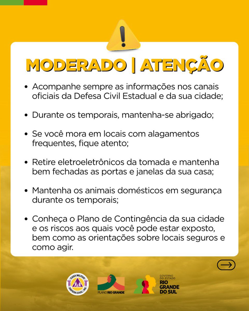 DefesaCivilRS's tweet image. Defesa Civil alerta para condição ATENÇÃO com chuvas persistentes atuando em áreas da Serra e Litoral Norte.  Risco MODERADO de alagamentos pontuais. Válido até 14h do dia 28 de julho. Evite áreas de risco. Emergência ligue 190/193.