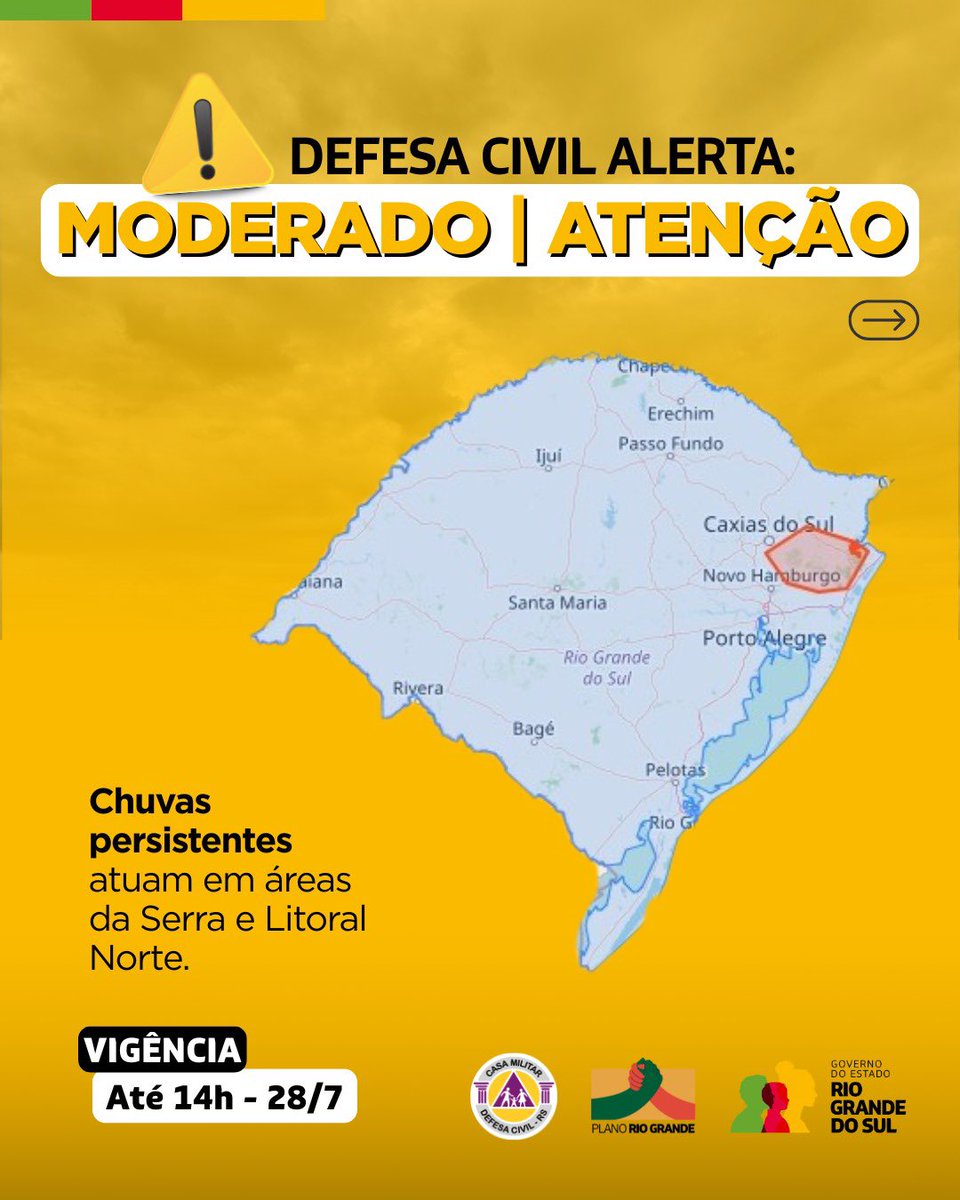 DefesaCivilRS's tweet image. Defesa Civil alerta para condição ATENÇÃO com chuvas persistentes atuando em áreas da Serra e Litoral Norte.  Risco MODERADO de alagamentos pontuais. Válido até 14h do dia 28 de julho. Evite áreas de risco. Emergência ligue 190/193.