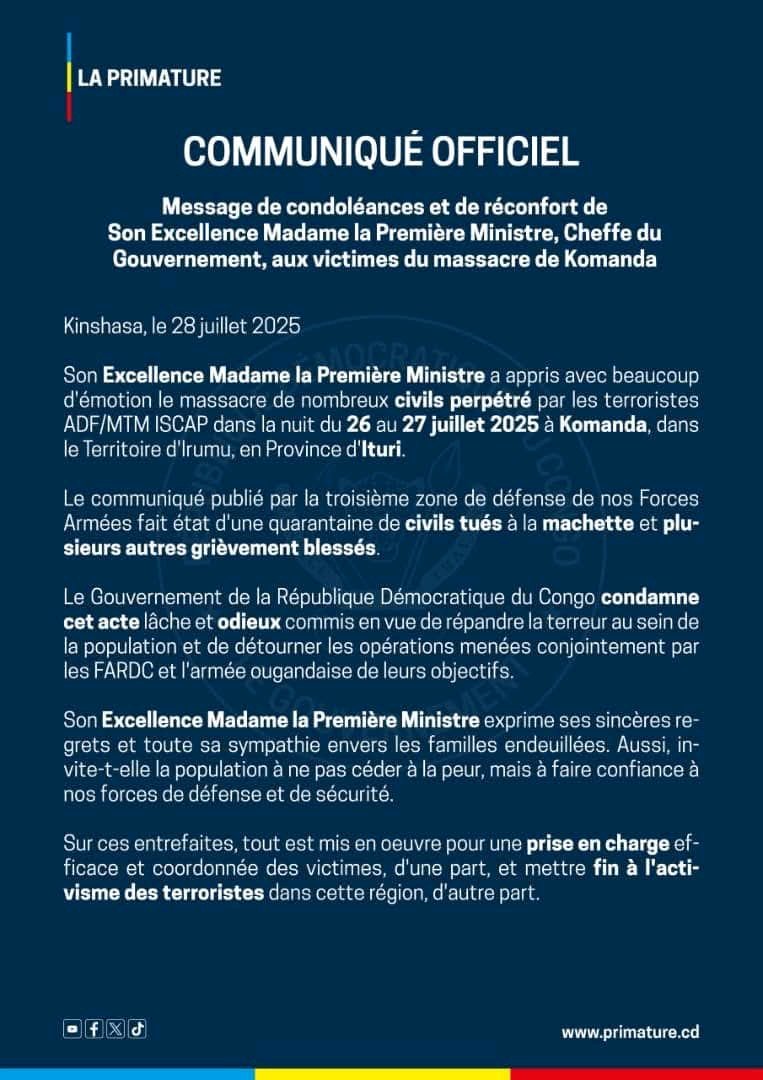 YvesBuya1's tweet image. #RDC Massacre de Komanda, dans le territoire d’Irumu en Ituri : au nom du gouvernement de la République, la Première ministre Judith Suminwa @SuminwaJudith présente ses condoléances aux familles endeuillées, condamne cet acte odieux et invite par ailleurs la population à faire…