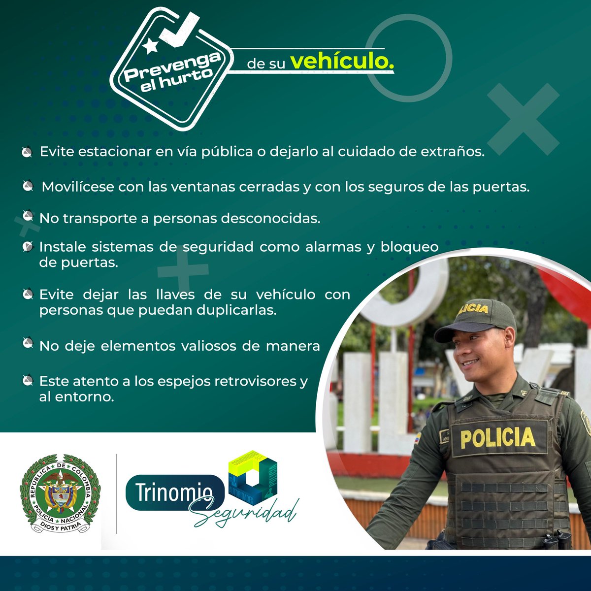 ¡Proteja su vehículo! Evite ser víctima de hurto con estas recomendaciones.

Los delincuentes siempre buscan oportunidades, ¡no les dé ventaja!

Su seguridad es nuestra prioridad. ¡Denuncie cualquier actividad sospechosa! 📲📞 #Línea123 #SeguridadEnElTerritorio