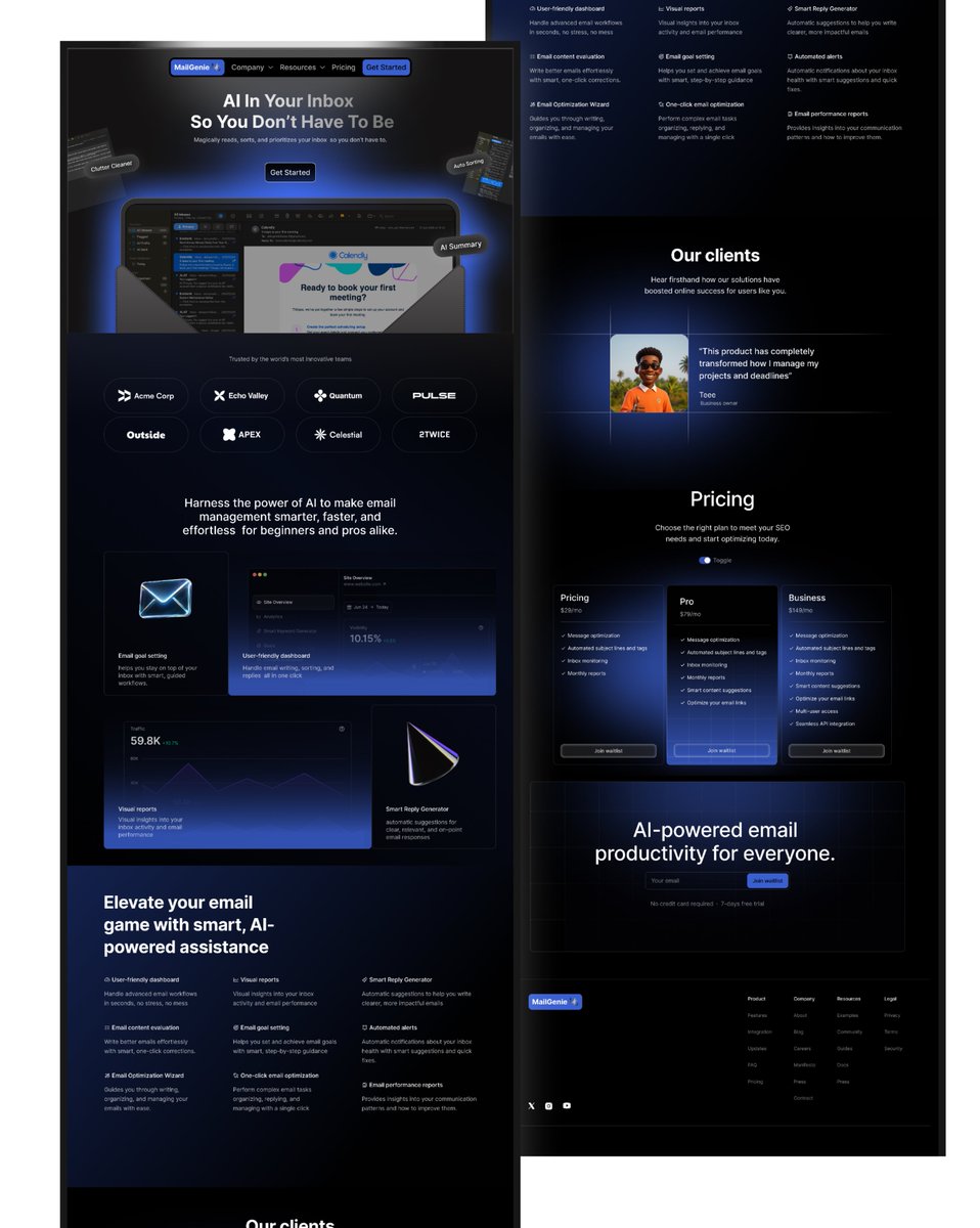 Teee_ui's tweet image. MailGenie complete land page designed in figma