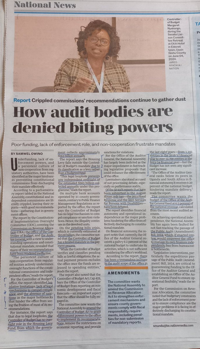 AnganaKeith's tweet image. How under-funding, lack of enforcement powers as well as non-cooperation is frustrating the independent oversight bodies - CRA, the Controller of Budget and the Auditor General. 

Many of their recommendations, thus, end up gathering dust in government offices.