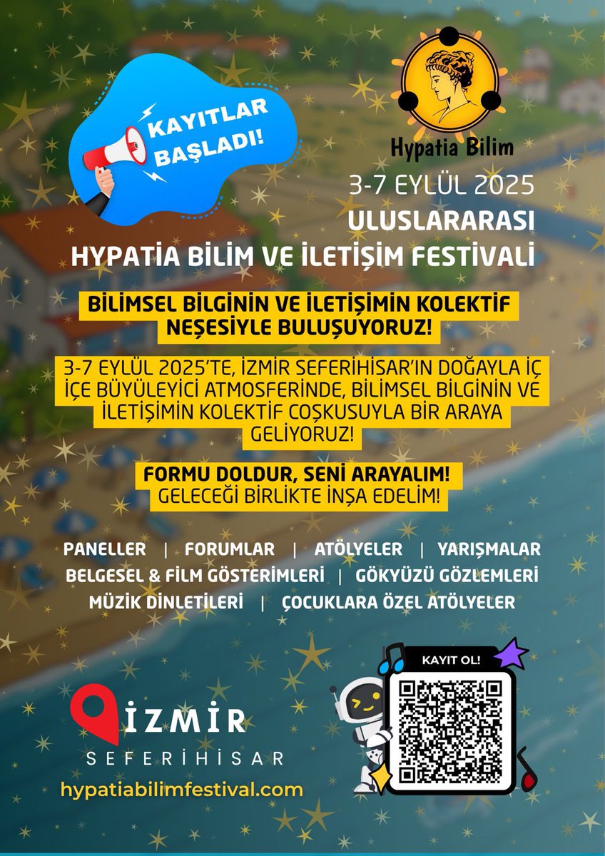 Değerli matematik ve bilimseverler Uluslarası Hypatia Bilim ve İletişim Festivali 3-7 Eylül’de İzmir-Seferihisar’da sizlerle buluşuyor!

Ayrıntılar : hypatiabilimfestival.com
Kayıt formu : docs.google.com/forms/d/e/1FAI…