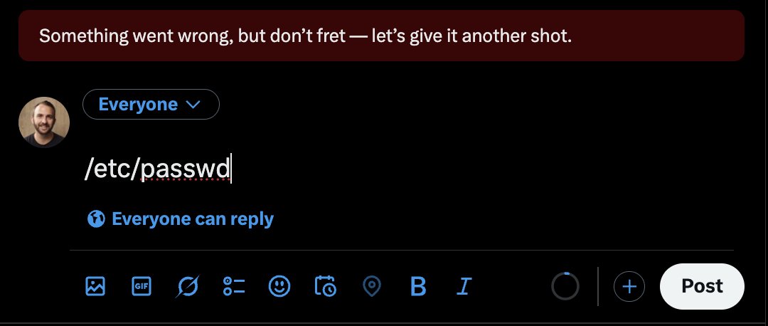 rez0__'s tweet image. This is hilarious. you cant post /etc /passwd on X without it getting rejected. good find @Yujilik