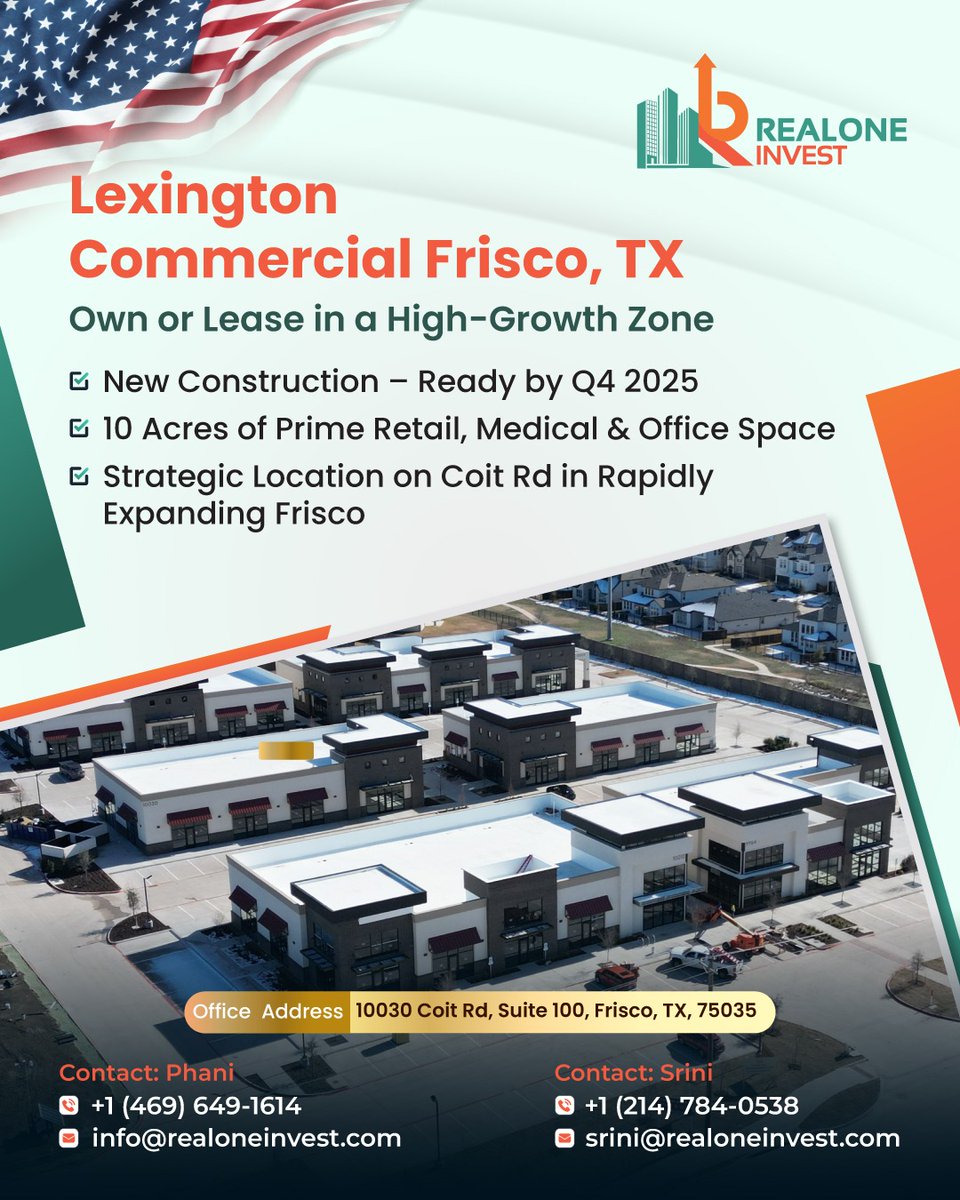 RealOneInvest's tweet photo. Explore Lexington Commercial in Frisco, TX – your opportunity to own or lease premium retail, medical, or office space in one of the fastest-growing areas with new construction, ready by Q4 2025, located on prime Coit Rd frontage.

#FriscoTX #CommercialRealEstate #RetailSpace https://t.co/Gi04AlYpGs