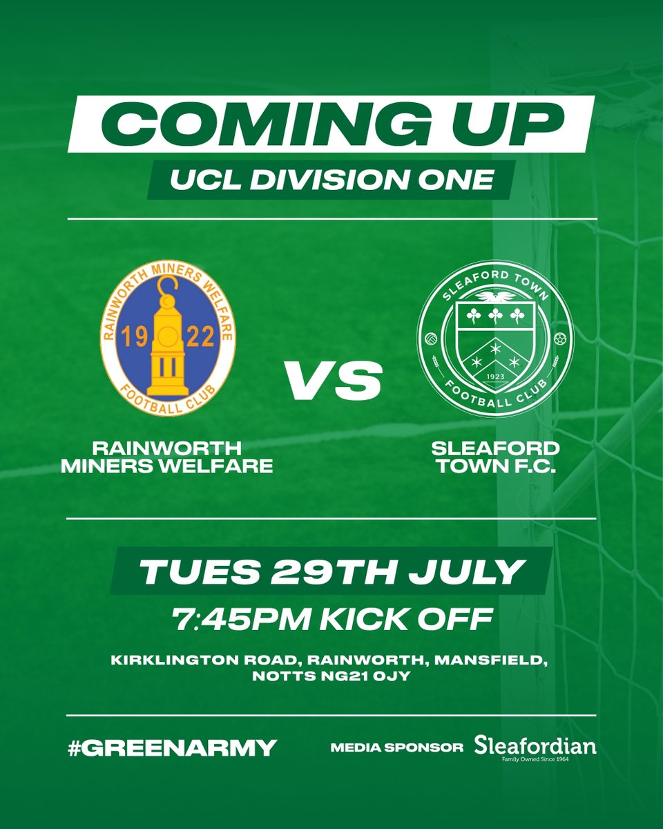 SleafordTownFC's tweet image. π’ Coming Up for the Greens! π’
Weβre on the road this tomorrow night as we face @RainworthMWFC in our next UCL Division One fixture πβ½
π
Tuesday 29th July
π’ 7:45 PM Kick-Off
π Kirklington Road, Rainworth, Mansfield, Notts NG21 0JY
#GreenArmy
