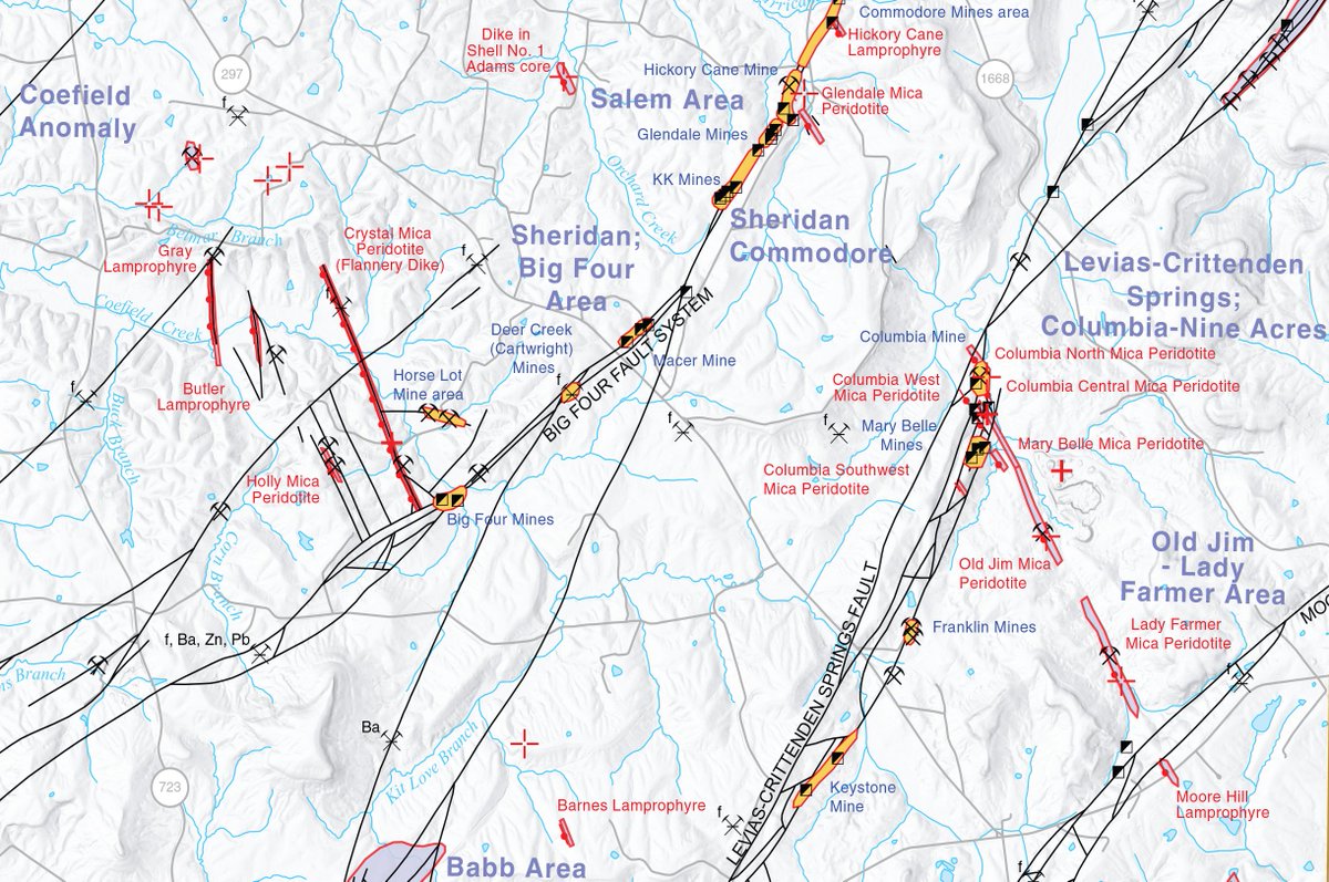 For #MappingMonday, here's a snippet of the amazing "Mines of the Illinois-Kentucky Fluorspar District" map just published by #KGS's Paul Puckett, Emily Morris, and Gina Lukoczki.

The #Kentucky side has been updated using newly compiled data from KGS’s Kentucky Mineral Resources
