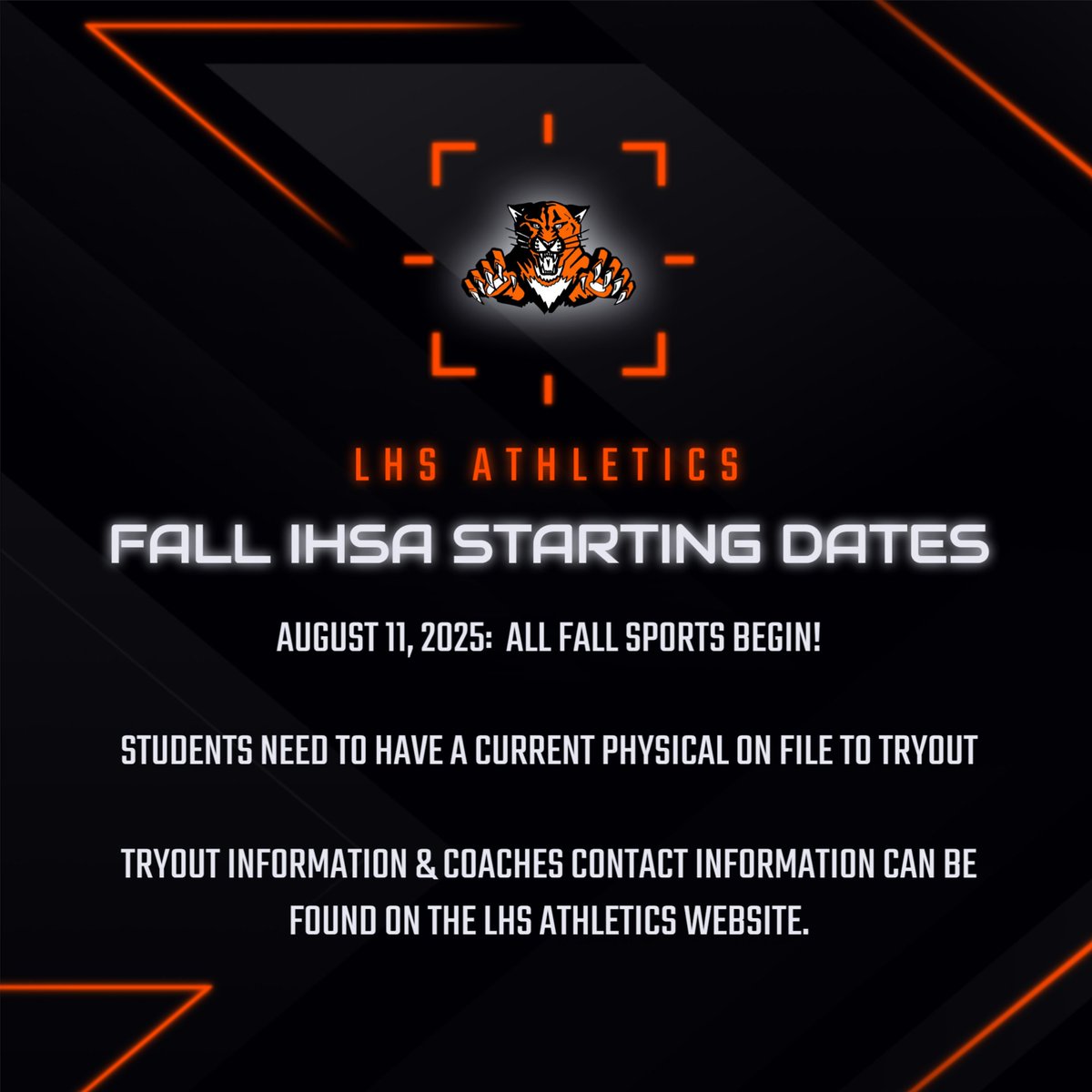 August is almost here and that means its time to get ready for the start of the Fall Athletics Season!  

Tryout Information and coaches contact information can be found on the Athletics page of the LHS website at the following link: lhswildcats.org/athletics