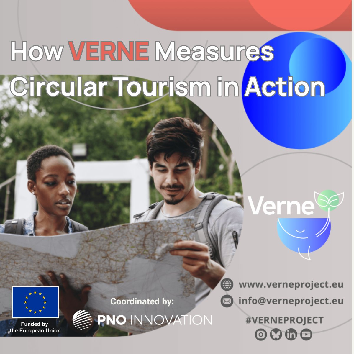 Coordinated by PNO Innovation Spain, the VERNE Project is developing performance indicators to measure circularity in tourism across environmental, economic, and social dimensions. Visit our website to learn more: verneproject.eu