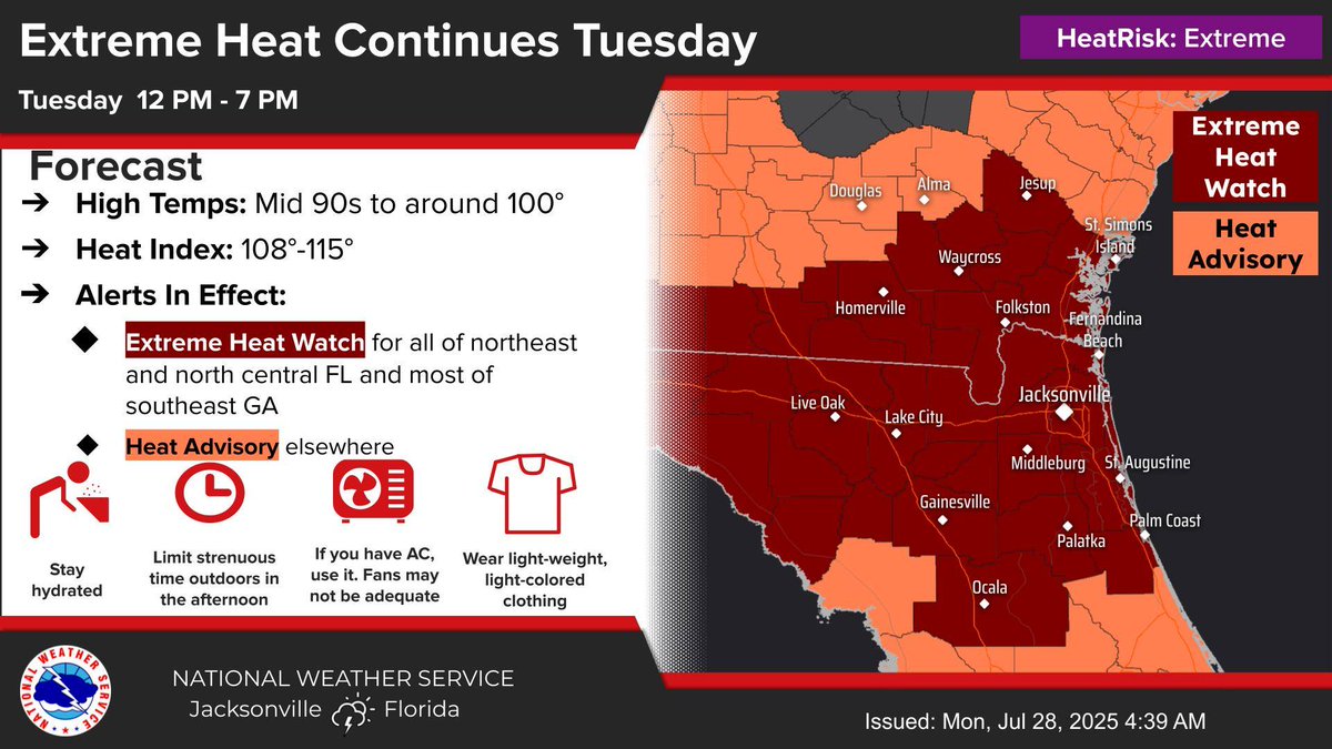 CamdenCountyEMA's tweet image. Camden County is in an #ExtremeHeatWatch for tomorrow, Tuesday, July 29, with heat index values expected to reach up to 115.

Drink plenty of fluids, stay in an air-conditioned room, stay out of the sun, and check up on relatives and neighbors.

2/3