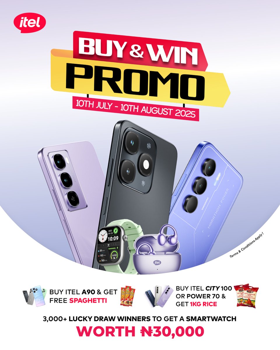 itelNigeria's tweet image. Every purchase comes with a reward! 🤯

Buy the A90, City 100, or Power 70 to get FREE spaghetti, 1kg of rice, and be among 3,000 winners to get a smartwatch! 💥

Check out a phone retail store near you today! 

#itelBuyAndWin
#NewitelNewExperience