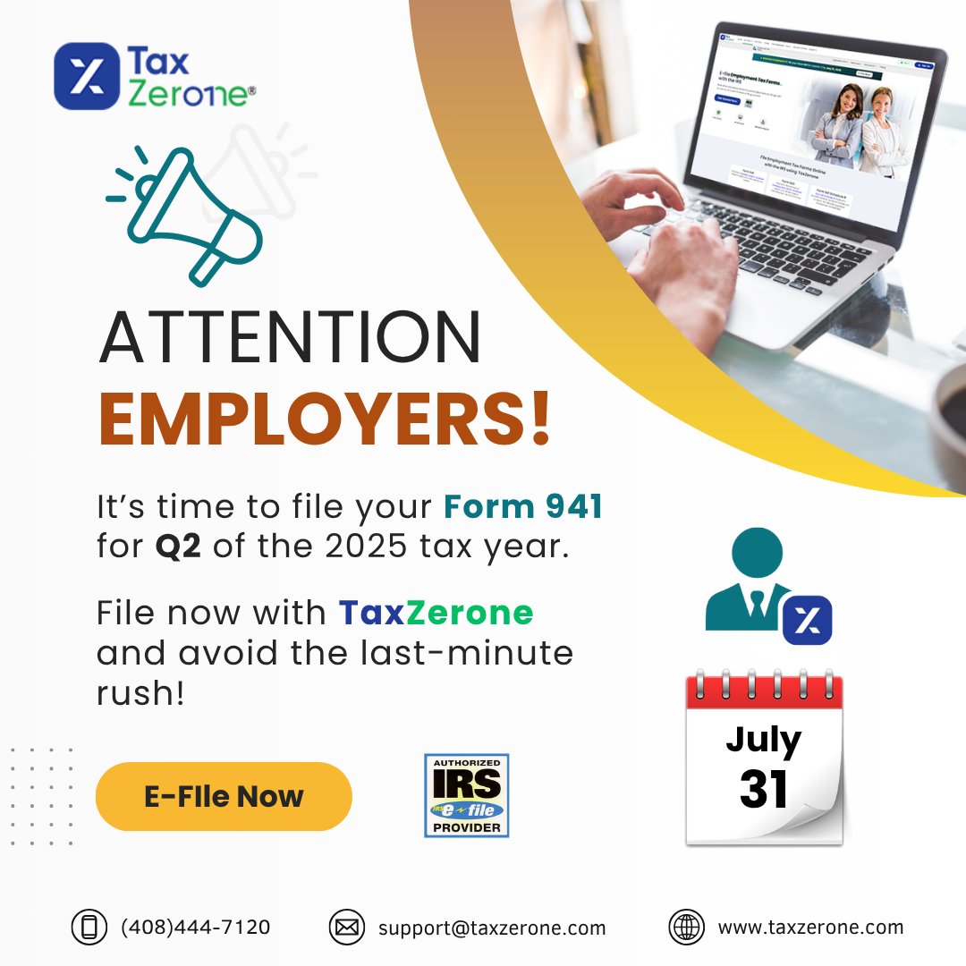 TaxZerone (@taxzeroneus) on Twitter photo 📣 Hello Employers!
⏰ It’s time to file your Q2 Form 941 with TaxZerone!
🌐 Visit taxzerone.com/employment-tax… today!
📧 support@taxzerone.com
#tax #IRS #Form941 #PayrollTax #employmenttax #IRS941 #Efile941 #QuarterlyTaxes #TaxSeason #QuarterlyFiling #TaxSeason2025 #EfileNow 📣 Hello Employers!
⏰ It’s time to file your Q2 Form 941 with TaxZerone!
🌐 Visit taxzerone.com/employment-tax… today!
📧 support@taxzerone.com
#tax #IRS #Form941 #PayrollTax #employmenttax #IRS941 #Efile941 #QuarterlyTaxes #TaxSeason #QuarterlyFiling #TaxSeason2025 #EfileNow