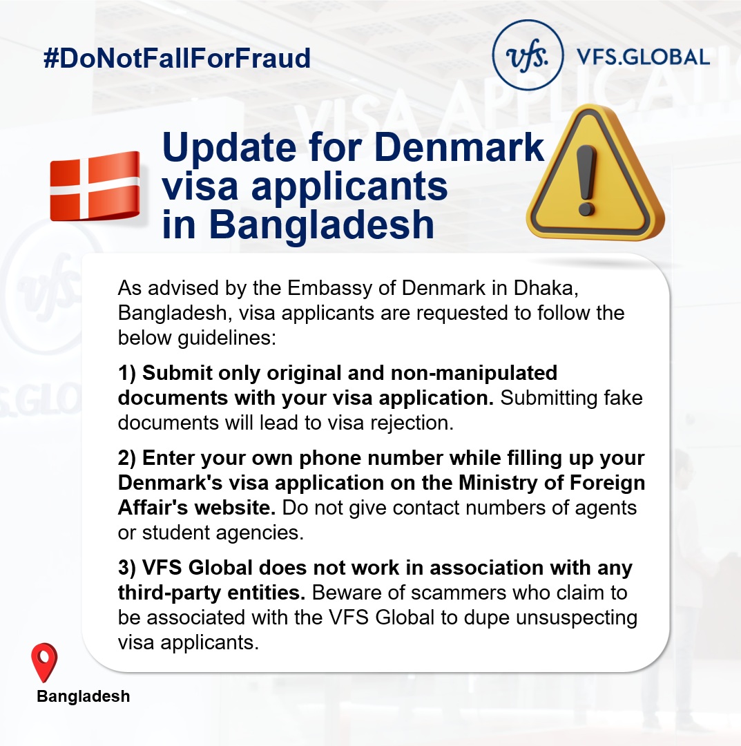 VFSGlobal's tweet image. We have an important update for Denmark visa applicants in Bangladesh from the Embassy of Denmark.
For more information, please visit: brnw.ch/21wUtHk
#VisaServices