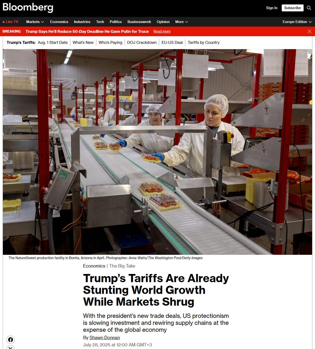 RTVIUS's tweet image. Тарифы Трампа нанесут урон мировой экономике на $2,7 трлн — Bloomberg

После заключения торговой сделки между США и ЕС американские пошлины на импорт выросли до 16% в среднем. По расчетам Bloomberg, это нанесет мировой экономике ущерб на $2 трлн к 2027 году. Сейчас тарифы в США…