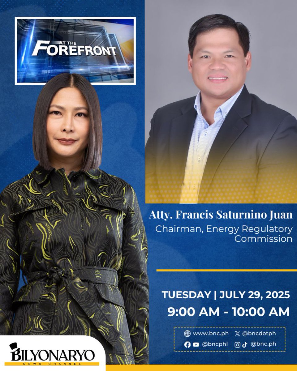 bncdotph's tweet image. A personal conversation with newly appointed ERC Chief Atty. Francis Saturnino Juan, tomorrow, July 29 at 9 am on #AtTheForefront with Atty. Karen Jimeno.