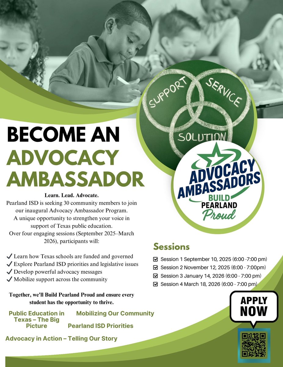 📢 Now Accepting Applications!  
Join the Pearland ISD Advocacy Ambassador Program to advocate for public education!  
✅ Monthly sessions | ✅ Learn. Lead. Advocate.  
🗓️ Apply by August 31, 2025  
Be part of the inaugural 2025–26 class!  
🔗 forms.office.com/r/n53EfhCmff