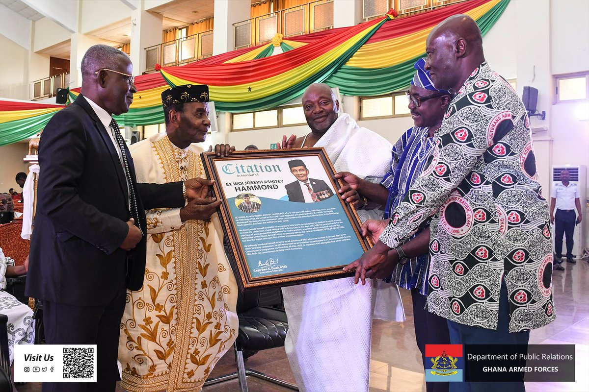 GhArmedForces's tweet image. The Ghana Armed Forces (GAF) in collaboration with the Joseph Ashitey Hammond Foundation has held a centenarian celebration ceremony for World War II Veteran, WOI Joseph Ashitey Hammond (Rtd).

gafonline.mil.gh/news/gaf-celeb…