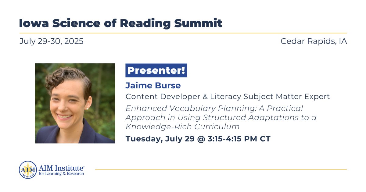 AIM Institute (@aimtolearn) on Twitter photo 🎤 Tomorrow at <a href="/IAReading/">Iowa Reading Research Center</a>'s Science of Reading Summit, AIM’s Jaime Burse will share practical strategies for strengthening vocabulary instruction within knowledge-rich curricula.
In her session, Enhanced Vocabulary Planning, educators will explore evidence-based practices, 🎤 Tomorrow at <a href="/IAReading/">Iowa Reading Research Center</a>'s Science of Reading Summit, AIM’s Jaime Burse will share practical strategies for strengthening vocabulary instruction within knowledge-rich curricula.
In her session, Enhanced Vocabulary Planning, educators will explore evidence-based practices,