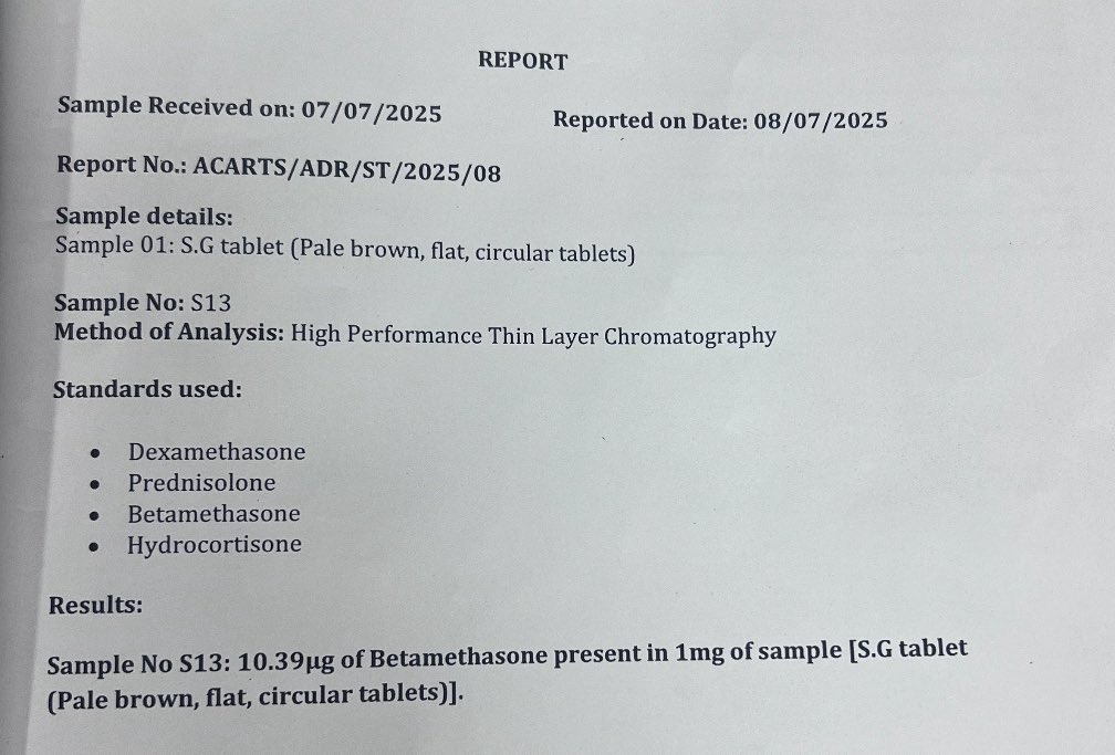 nileshnolkha's tweet image. 🚨 Hidden Steroids in proclaimed “Ayurvedic” Medicines — A Dangerous Truth

A test done at a Tertiary Municipality Hospital in Mumbai found that a so-called “Ayurvedic” capsule named S.G. Tablet (from Gaikwad Ayurvedic Clinic, Ahmednagar) contained Betamethasone, a strong steroid…