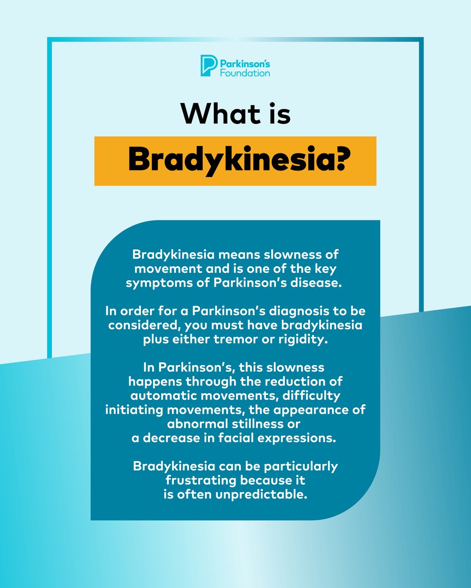ParkinsonDotOrg's tweet image. Bradykinesia often translates into difficulty performing everyday functions, such as buttoning a shirt, cutting food or brushing your teeth. One moment you may move easily, while in the next moment you may need help. 

Learn how to manage this Parkinson&apos;s symptom:…