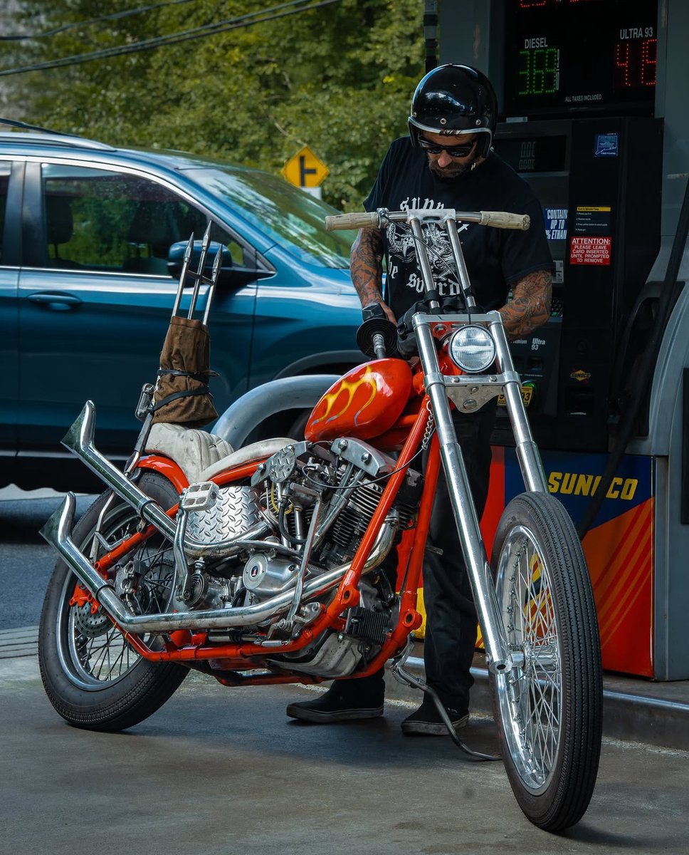 Really slick Shovelhead chop getting fueled up with @oxfordco.choppers Photo by the Great @chicken_fried_choppers #chopshit #choppers #buildsomething #rideeverywhere #shovelhead #choppershit