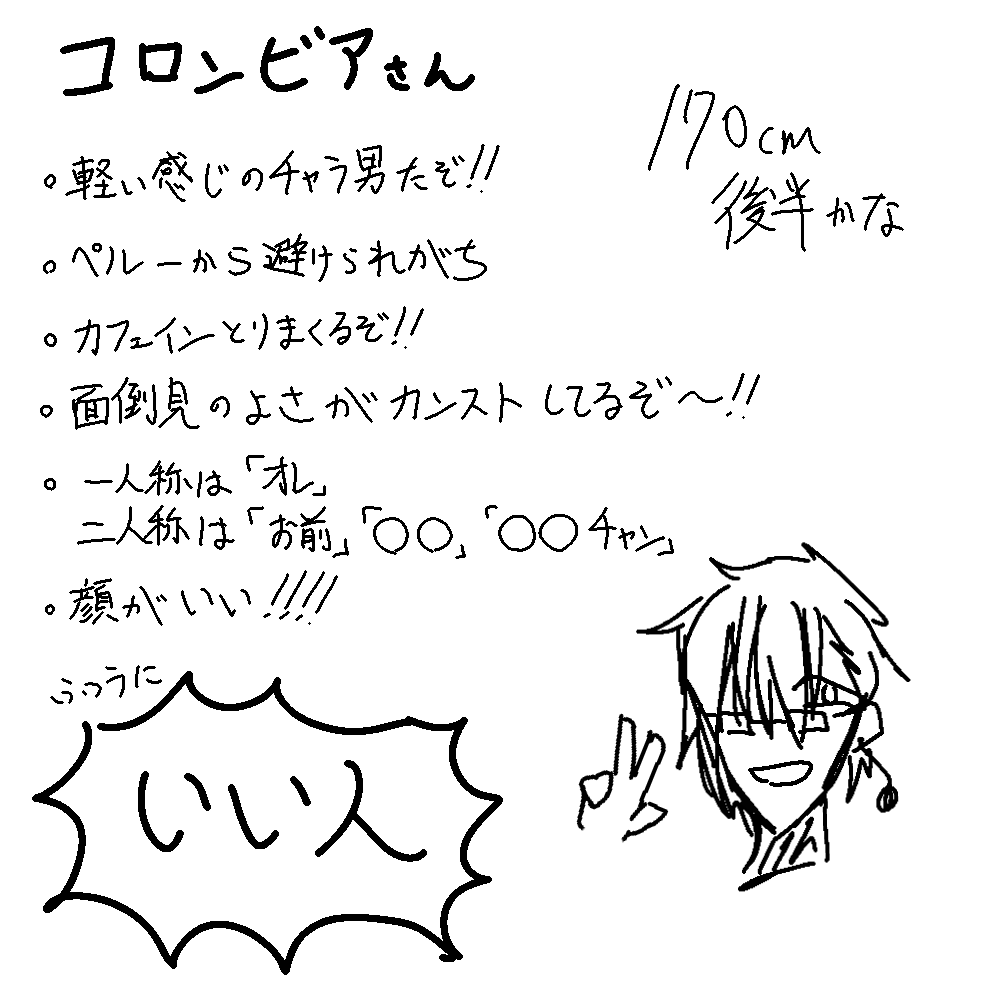 tyadango_2610's tweet image. 久しぶり🇨🇴さん描いたよ😭
全然キャラデザ練ってなかったから3枚目に詳細書いてある
やっぱ顔がいいっていうか強い(?)
構図はリメイクっぽくしてる
#国擬人化 #まわり続ける世界 #茶屋でひと休み