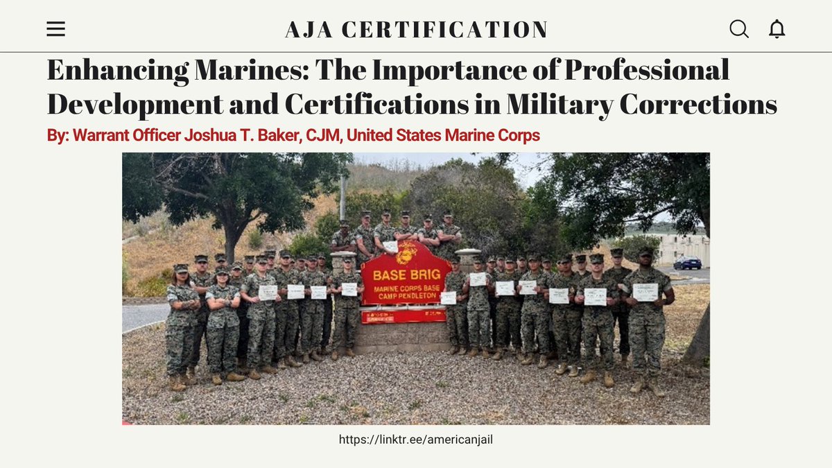 Warrant Officer Joshua T. Baker, CJM, USMC, reflects on the power of professional development in military corrections in this article. Over the past year, Gunnery Sergeant Bazner and Sergeant Orejel have helped credential 81 CJOs through AJA.

Read at linktr.ee/americanjail