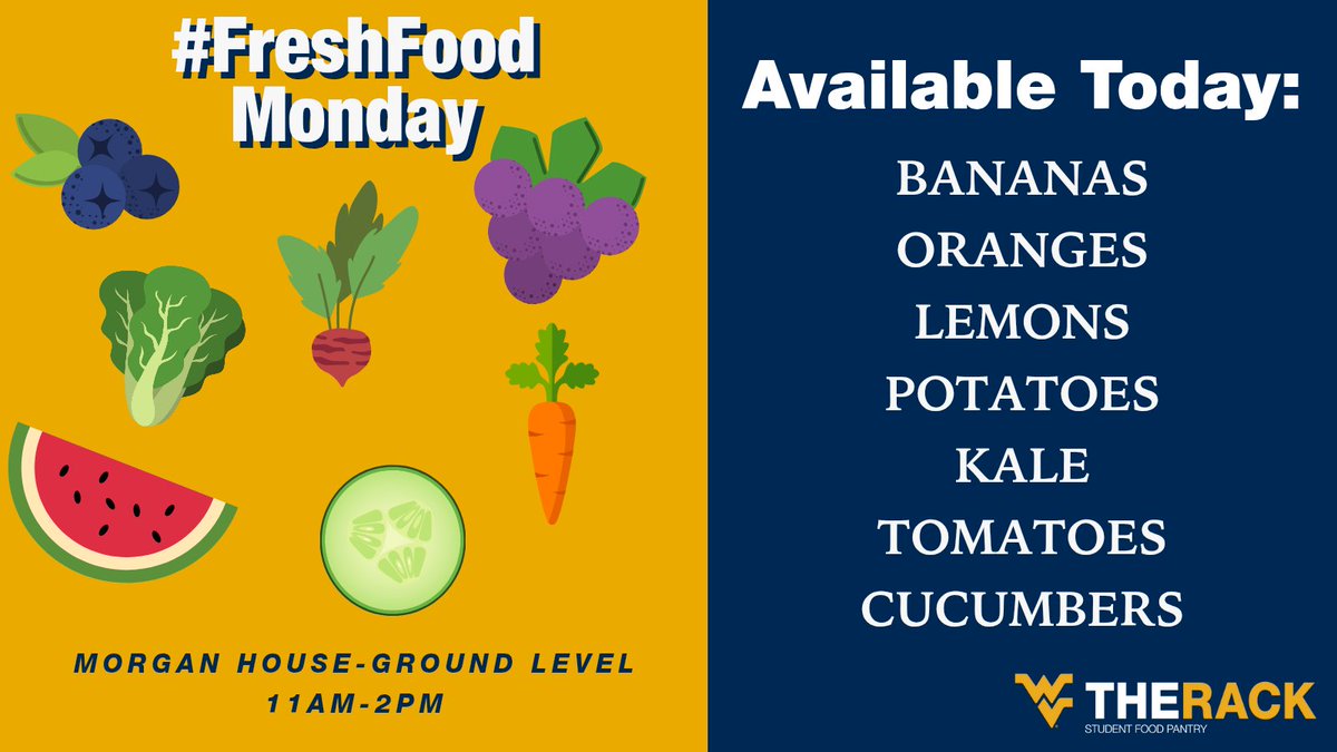 Fresh produce available from 11am-2pm today!

#FreshFoodMonday #WVUTheRack