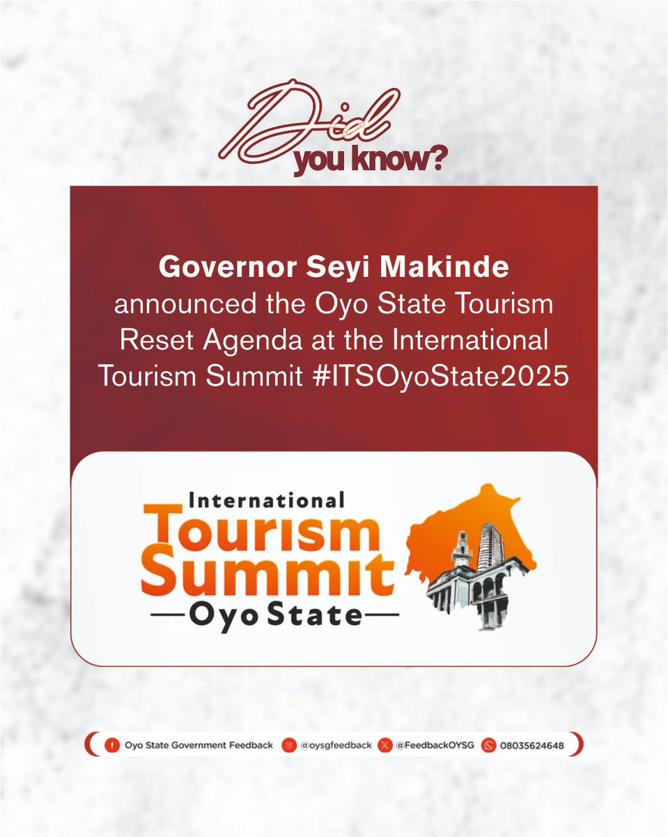 FeedbackOYSG's tweet image. The Oyo State Tourism Reset Agenda outlines four executive-level commitments designed to aid tourism investments. According to Governor Seyi Makinde, it is a new blueprint for how the Oyo State Government partners, delivers, and communicates tourism investments.