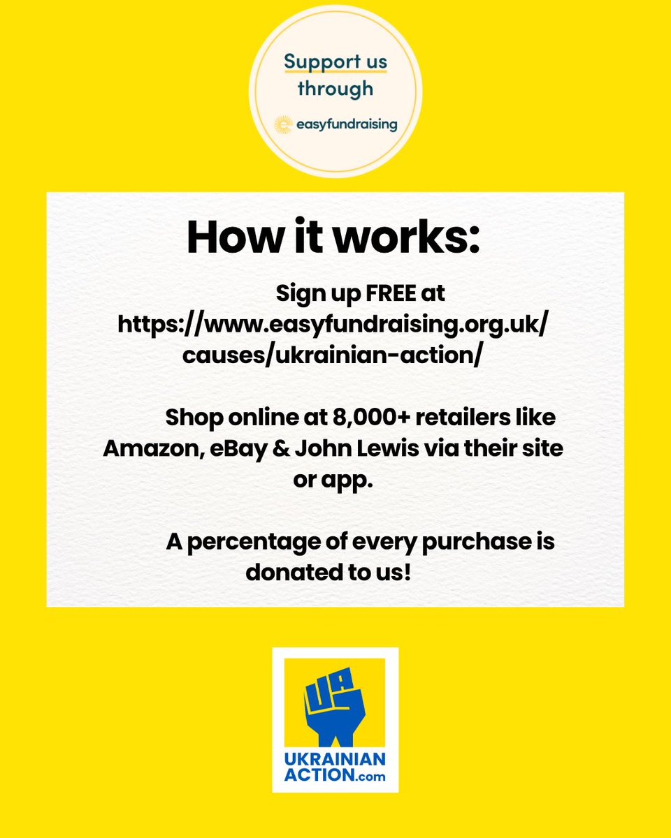 🛍️ Shop &amp; support Ukrainian Action with Easyfundraising! 🇺🇦 
 ✅ Sign up FREE at  easyfundraising.org.uk/causes/ukraini…
 🛒 Shop 8,000+ retailers like Amazon
Every purchase donates to help victims of war &amp; veterans in Ukraine! 💙💛
 🙌 Join now &amp; make a difference!
