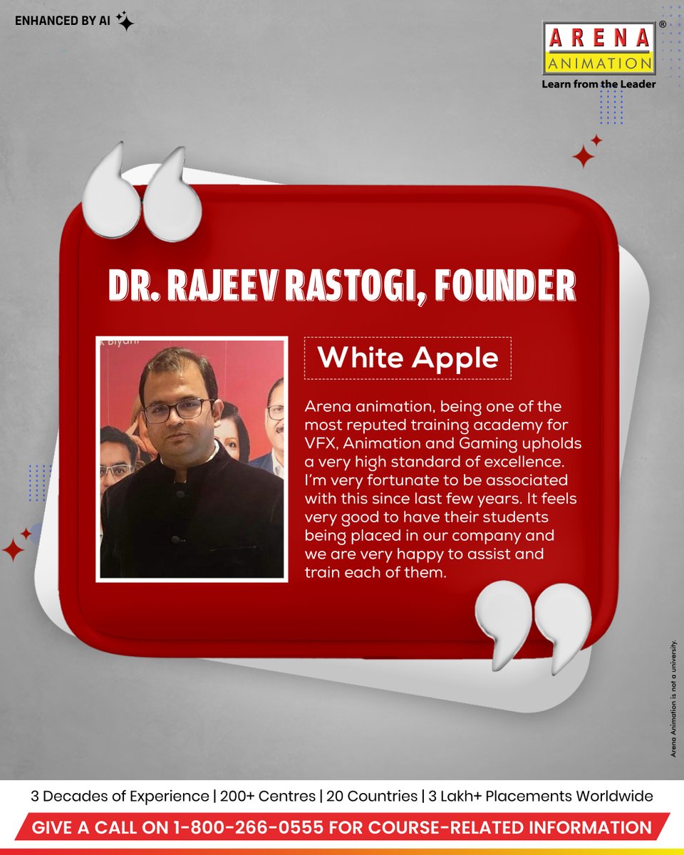 Animation_Arena's tweet image. When leaders like Dr. Rajeev Rastogi, Founder of White Apple, praise our students, it speaks volumes. At Arena Animation, we don’t just teach creativity—we shape industry-ready pros through mentorship, discipline, and real-world skills. #ArenaAnimation