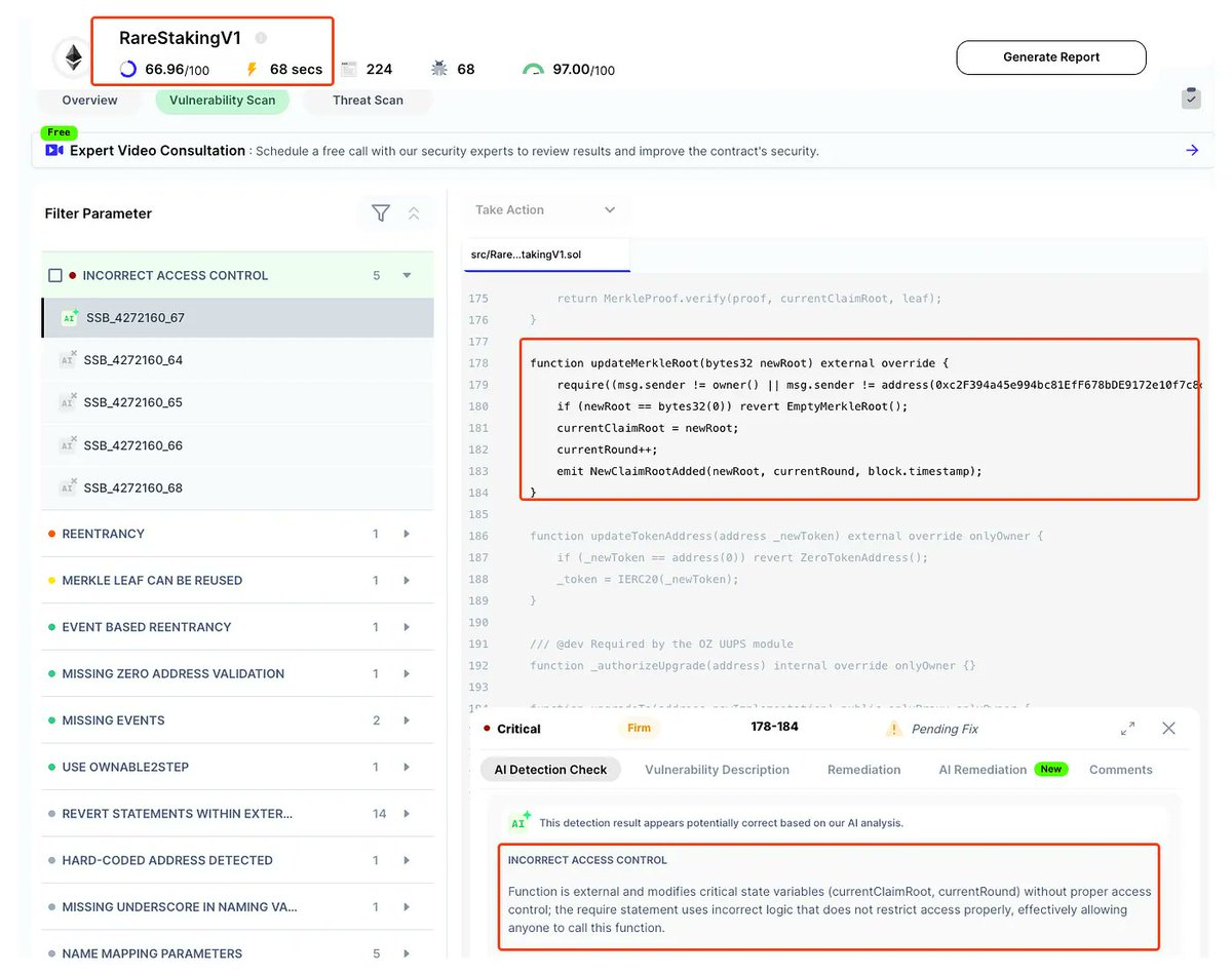 On 28th July, 2025, SuperRare's (<a href="/SuperRare/">SuperRare</a>) RareStakingV1 contract was hacked, losing ~$730K USD (~11.9M $RARE) due to a flawed access control in updateMerkleRoot()  function's require check.

SolidityScan was able to detect SuperRare's access control bug in just one scan!