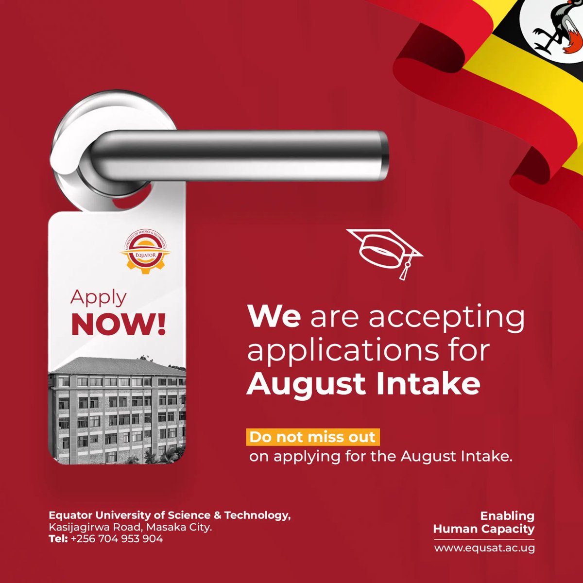 We are open for the August intake. Reach out and start a new phase in your life. 
Equator University of Science and Technology. #Enabling Human Capacity 
#Equsat #AugustIntake2025
Call 0704953904 today