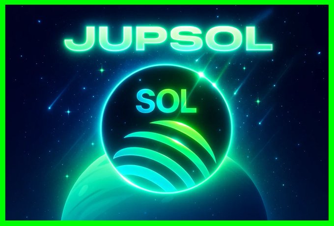 우주 배경 위에서 빛나는 Solana 디자인의 JupSOL 로고