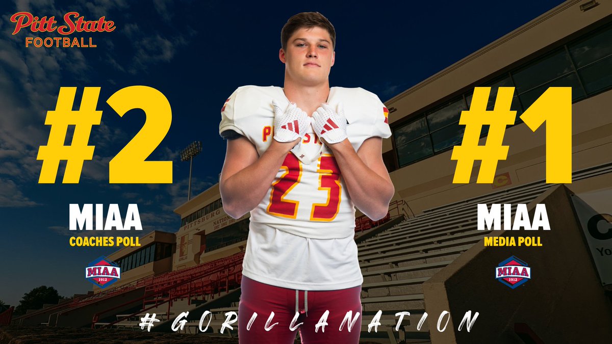 PittStGorillas's tweet photo. THE VOTES ARE IN‼️

Pitt State Football is #2 in the MIAA Preseason Coaches Poll and #1 in the MIAA Media Poll 🦍🏈

The Gorillas open the season August 28th at Ferris State.

@GorillasFB|@pittstate https://t.co/KrHj9IVzGs