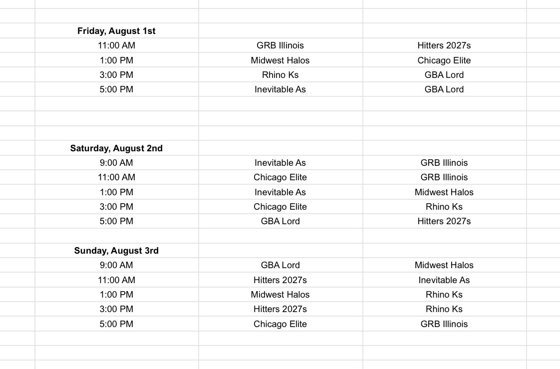 Diego (@deegsbaseball) on Twitter photo College coachesโผ๏ธ
<a href="/ScoutConnectBB/">ScoutConnect</a> ends the summer circuit with a loaded event, hosting 7๏ธโฃ of the Midwestโs top clubs at Northern Illinois University on August 1st - 3rd.
A multitude of uncommitted โ26s and โ27s to see throughout the 3๏ธโฃ day event.
Teams + schedule, here.๐ College coachesโผ๏ธ
<a href="/ScoutConnectBB/">ScoutConnect</a> ends the summer circuit with a loaded event, hosting 7๏ธโฃ of the Midwestโs top clubs at Northern Illinois University on August 1st - 3rd.
A multitude of uncommitted โ26s and โ27s to see throughout the 3๏ธโฃ day event.
Teams + schedule, here.๐