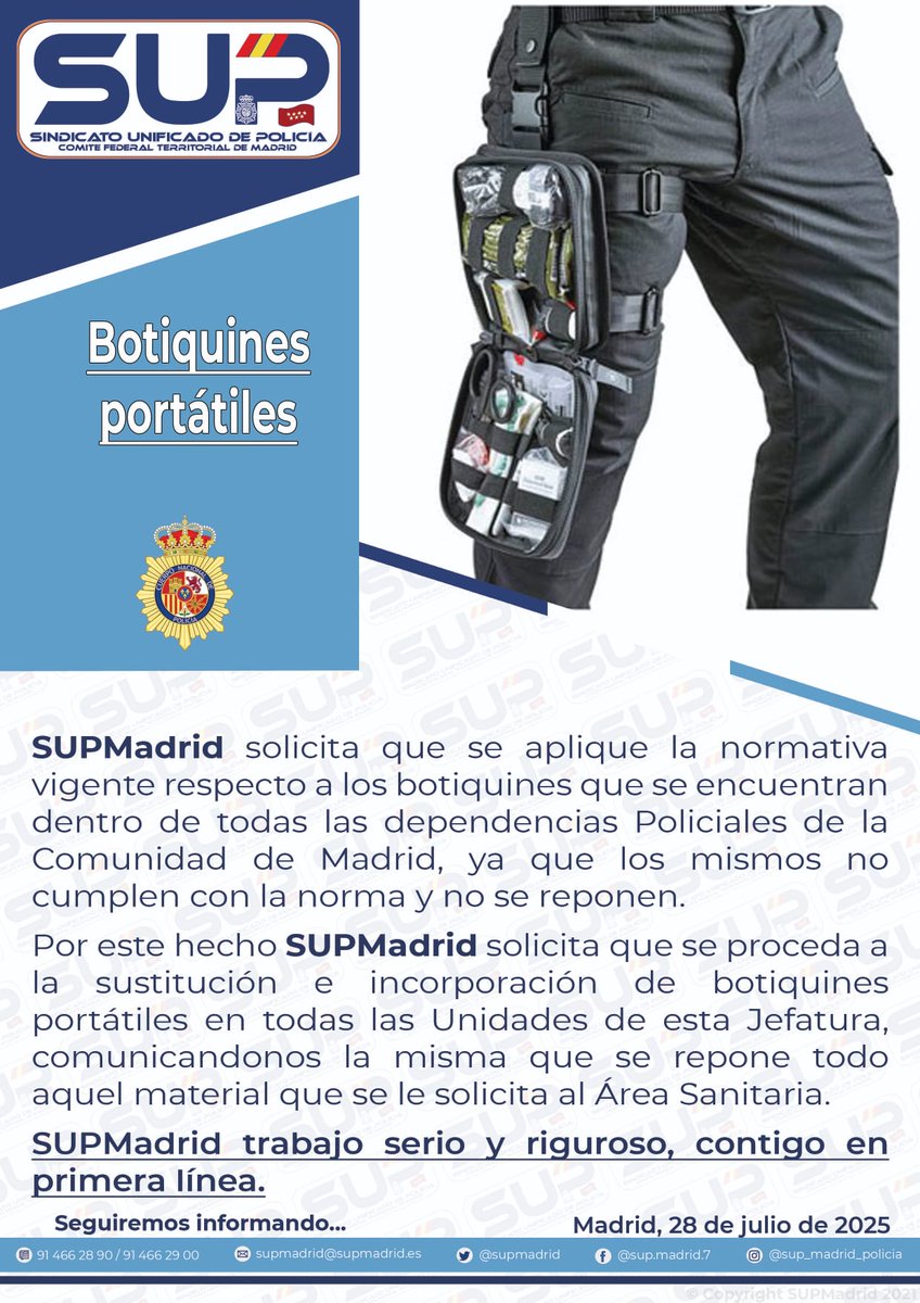 supmadrid's tweet image. ⛑️ Un botiquín puede salvar vidas‼️👨👩👦👦
🔊 #SUPMadrid actúa por una #EspañaSegura y con garantías.
🚨 Solicitamos la sustitución e incorporación urgente de #Botiquines en todas las unidades operativas de Policía de #Madrid. #DesamparoInstitucional