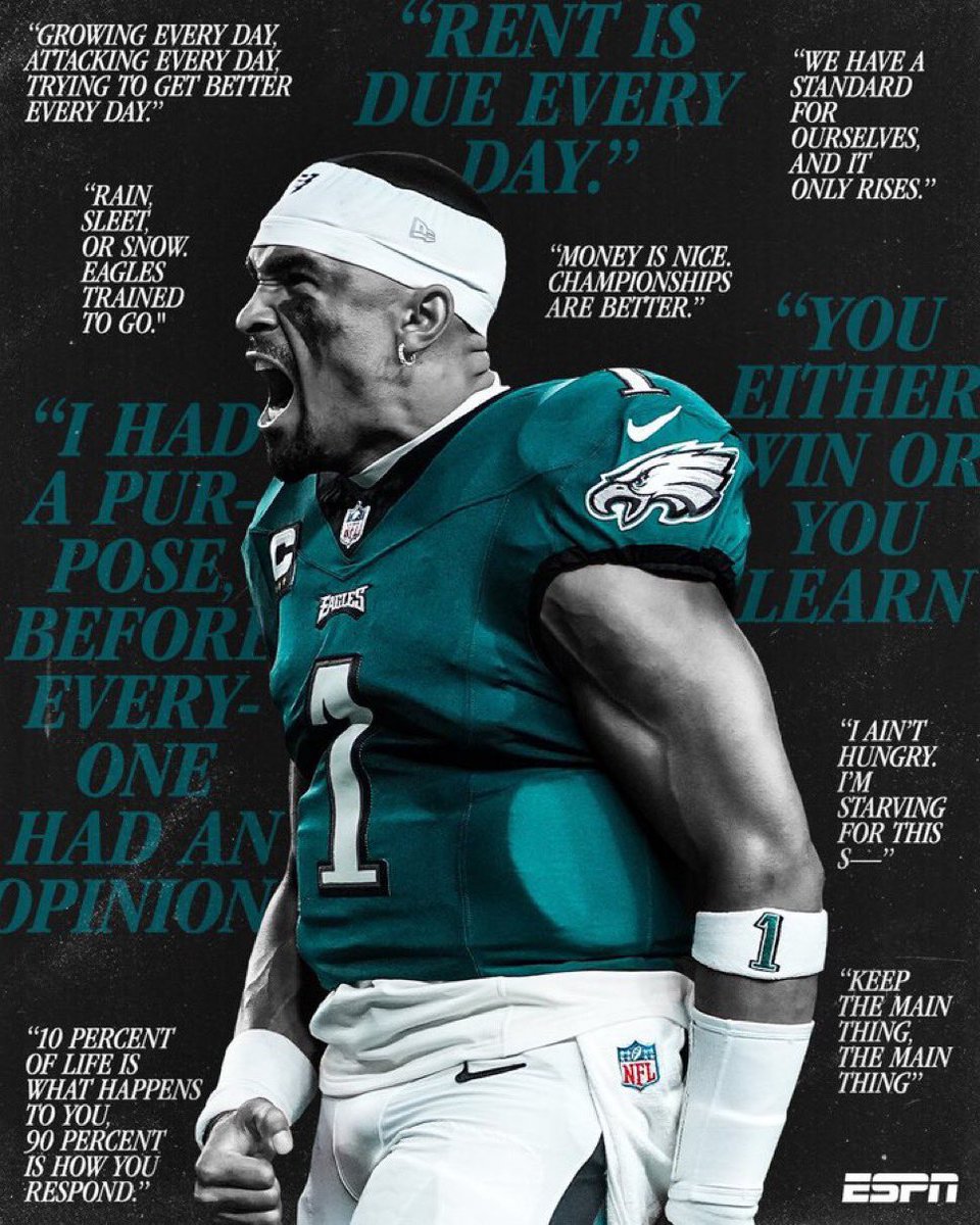 At the end of the day.

I sleep well knowing Jalen could retire tomorrow with a better resume than 99% of players that ever stepped on the field.

Super Bowl champion (LIX)
Super Bowl MVP (LIX)
Second-team All-Pro (2022)
2× Pro Bowl (2022, 2023)
Bert Bell Award (2022)
CFP